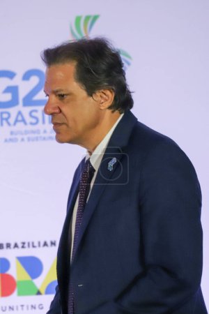 Téléchargez les photos : Sao Paulo (SP), Brésil 29 / 02 / 2024 - Le ministre brésilien des Finances Fernando Haddad tient une conférence de presse le dernier jour de la réunion des ministres des Finances et des présidents des banques centrales membres du G20 - en image libre de droit