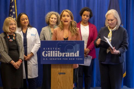 Photo for Senator Gillibrand Calls For The Passage Of The Access To Family Building Act Legislation. March 3, 2024, New York, New York, USA: Amanda Rice, Cancer Survivor, Founder of The Chick Mission, speaks at U.S. Senator Gillibrand's press conference - Royalty Free Image
