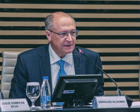Photo for Sao Paulo (SP), Brazil 03/05/2024 - Vice President Geraldo Alckmin participates in the 1st National Industry and Service Meeting, alongside Jorge Viana (president of APEX) and Aloysio Nunes (Head of the division of strategic affairs) - Royalty Free Image