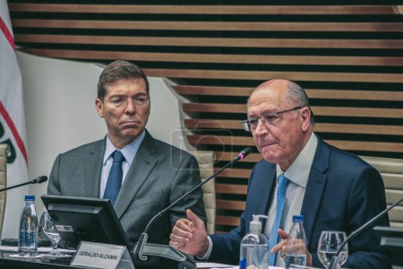 Photo for Sao Paulo (SP), Brazil 03/05/2024 - Vice President Geraldo Alckmin participates in the 1st National Industry and Service Meeting, alongside Jorge Viana (president of APEX) and Aloysio Nunes (Head of the division of strategic affairs) - Royalty Free Image
