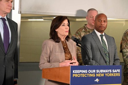 Photo for The Governor of New York Kathy Hochul deploys 750 National Guards to stop crime in NYC Subways. March 06, 2024, New york City, New York, USA : Due to the rising crime in the Citys subways system - Royalty Free Image
