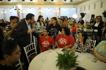 Photo for Sao Paulo, Brazil - 03/08/2024: Deputy mayor Guilherme Boulos participates on Friday (8) in a breakfast with around 200 women at Club Homs. Held on International Women's Day, the event was attended by businesswomen, artists - Royalty Free Image