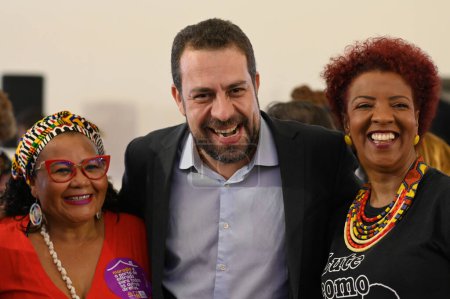 Photo for Sao Paulo (SP) - 03/08/2024: Guilherme Boulos (PSOL), candidate for mayor of Sao Paulo on International Women's Day, participates in a breakfast with around 200 women in the pre-campaign for Mayor of Sao Paulo, at Clube Homs in the Av Paulista region - Royalty Free Image