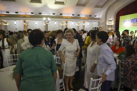 Photo for Sao Paulo, Brazil - 03/08/2024: Former mayor Marta Suplicy participate on Friday (8) in a breakfast with around 200 women at Club Homs. Held on International Women's Day, the event was attended by businesswomen, artists - Royalty Free Image