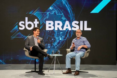 Photo for Sao Paulo (SP), Brazil - 03/07/2024 Cesar Filho and Director Jose Occhiuso during a press conference at SBT to announce the new program "SBT Brasil", in Sao Paulo. The SBT broadcaster holds Coletiva Day to talk about the new programs - Royalty Free Image