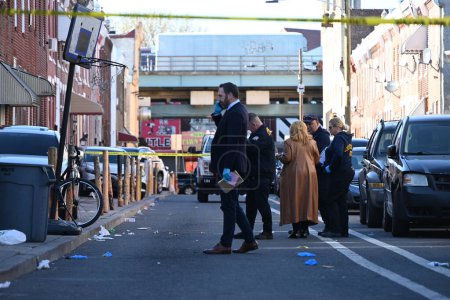 Photo for One person killed and one person wounded in a double shooting on East Lippincott Street in Philadelphia, Pennsylvania. March 16, 2024, Philadelphia, Pennsylvania, USA: A 25-year-old hispanic male died from a gunshot wound to the chest - Royalty Free Image