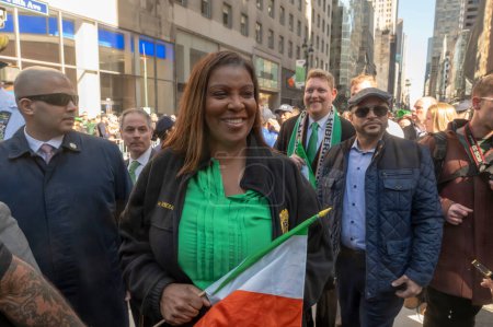 Photo for St. Patrick's Day Parade in New York City.  March 16, 2024, New York, New York, USA: New York State Attorney General Letitia James participates in the St. Patrick's Day Parade along 5th Avenue on March 16, 2024 - Royalty Free Image