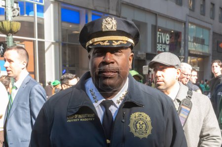 Photo for St. Patrick's Day Parade in New York City. March 16, 2024, New York, New York, USA: New York Police Department Chief of Department Jeffrey Maddrey participates in the St. Patrick's Day Parade along 5th Avenue - Royalty Free Image