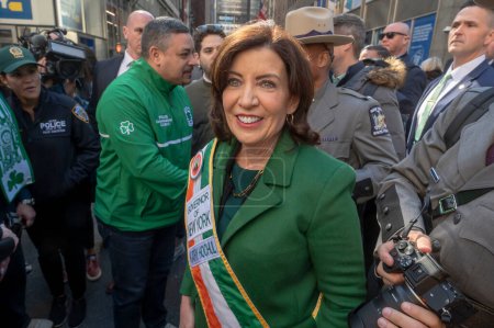 Photo for St. Patrick's Day Parade in New York City.  March 16, 2024, New York, New York, USA: New York State Governor Kathy Hochul participates in the St. Patrick's Day Parade along 5th Avenue on March 16, 2024 - Royalty Free Image