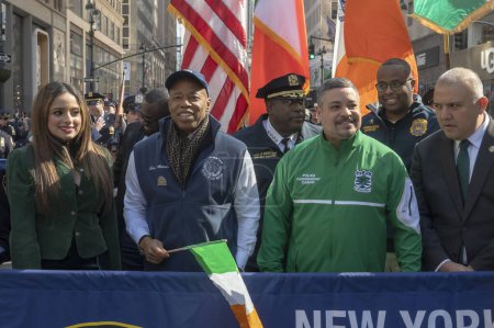 Photo for St. Patrick's Day Parade in New York City. March 16, 2024, New York, New York, USA: (L-R) New York City. Assembly Member Jenifer Rajkumar, New York City. - Royalty Free Image