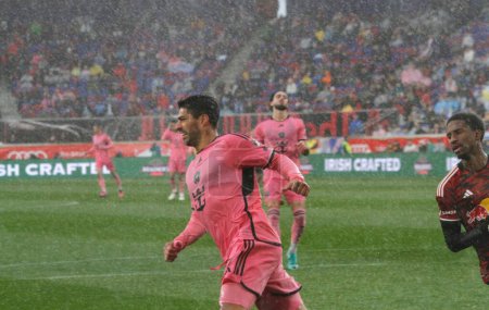 Photo for MLS : New York Red Bull vs Inter Miami. March 23, 2024, Harrison, New Jersey, USA: Luis Suarez during soccer match between New York Red Bull and Inter Miami during MLS regular season at Red Bull Arena, New Jersey amid heavy rainfall - Royalty Free Image