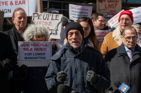 Photo for Elected Officials Representing Lower Manhattan Rally As Mount Sinai Beth Israel Planned Closure Nears. March 24, 2024, New York, New York, USA: Activist Mark Hannay speaks at a rally calling to keep Mount Sinai Beth Israel Hospital open - Royalty Free Image