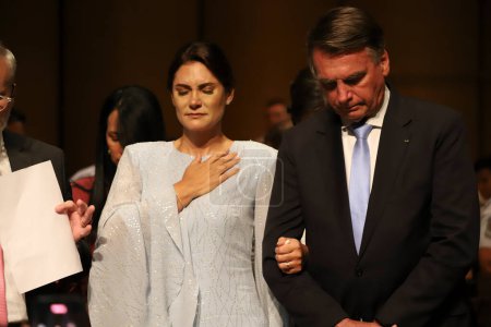 Photo for Sao Paulo (SP), Brazil 03/25/2024 - Michelle Bolsonaro speaks and receives tribute at an event held by the Sao Paulo City Council that promotes this Monday (25), the Solemn Session for delivery of the Title of Citizen - Royalty Free Image
