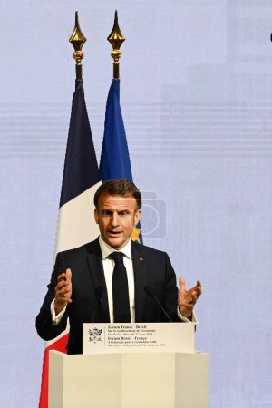 Photo for Sao Paulo (SP), Brazil 03/28/2024  Emmanuel Macron President France speaks during the 8th Brazil France Economic Forum at Fiesp headquarters on Avenida Paulista in Sao Paulo, this Wednesday- fair March 27, 2024 - Royalty Free Image