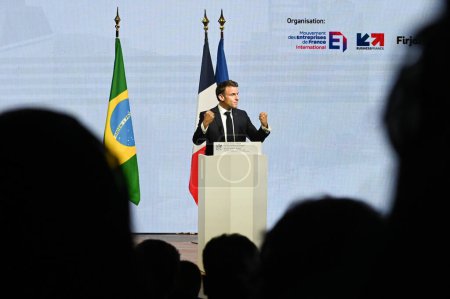 Photo for Sao Paulo (SP), Brazil 03/28/2024  Emmanuel Macron President France speaks during the 8th Brazil France Economic Forum at Fiesp headquarters on Avenida Paulista in Sao Paulo, this Wednesday- fair March 27, 2024 - Royalty Free Image