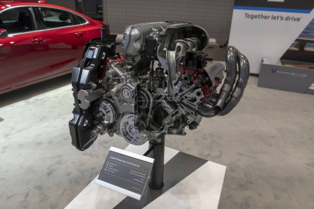 Photo for The New York International Auto Show 2024. March 27, 2024, New York, New York, USA: A Cut-Out of the Chevrolet Corvette Z06 5.5L V-8 Engine seen on display during the International Auto Show press preview at the Jacob Javits Convention Center - Royalty Free Image