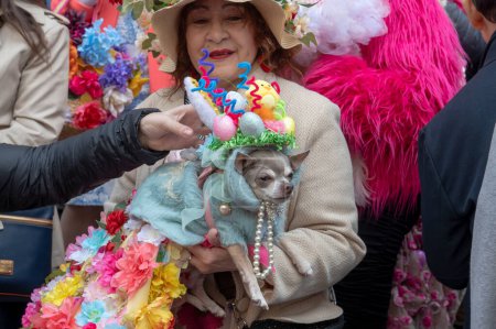 Photo for Easter Bonnet Parade. March 31, 2024, New York, New York, USA: A woman holding a dressed dog attends the Easter Parade and Bonnet Festival 2024 outside St. Patrick's Cathedral along Fifth Avenue - Royalty Free Image