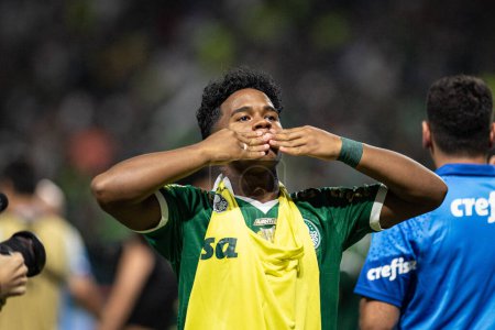 Photo for Sao Paulo (SP), Brazil 04/7/2024 - Endrick celebrates after the match between Palmeiras and Santos, valid for the second leg of the 2024 Paulista Football Championship final, held at Allianz Parque, in Sao Paulo - Royalty Free Image