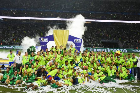 Photo for SAO PAULO (SP), Brazil 04/07/2024 - Palmeiras team lifts the Champion's cup of the Paulista Football Championship Series A 2024, by defeating Santos in the last match of the Championship Final. Allianz Parque Stadium - Royalty Free Image