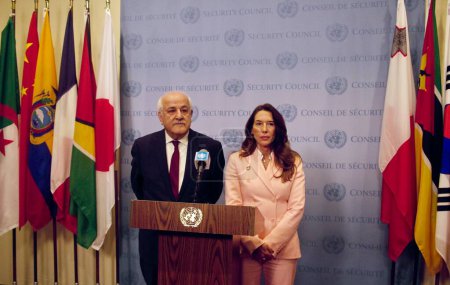 Photo for April 08, 2024 - New York, USA: Press Conference with Vanessa FRAZIER, Ambassador and Permanent Representative of Malta and the Permanent Observer, currently Riyad Mansour, (Palestine) - Royalty Free Image