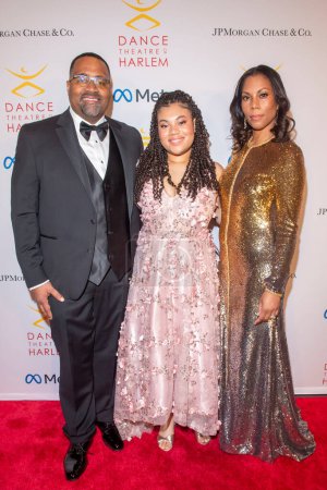 Photo for Dance Theater Of Harlem Honor Misty Copeland At Annual Vision Gala. April 12, 2024, New York, New York, USA: (L-R) Alvin Bowles, Sydney Bowles and Terri Prettyman Bowles attend the Dance Theater of Harlem's Annual Vision Gala - Royalty Free Image