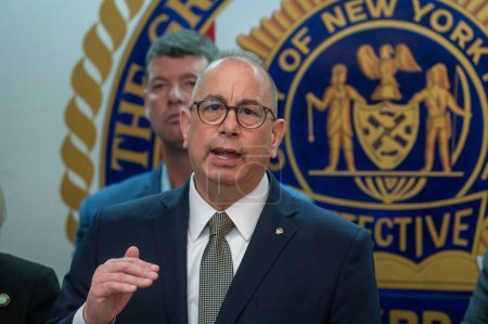 Photo for Senator Gillibrand announces Child Care for Police Officers Act. April 01, 2024, New York, New York, USA: Paul DiGiacomo, President, NYPD Detectives' Endowment Association speaks during U.S. Senator Kirsten Gillibrand press conference - Royalty Free Image