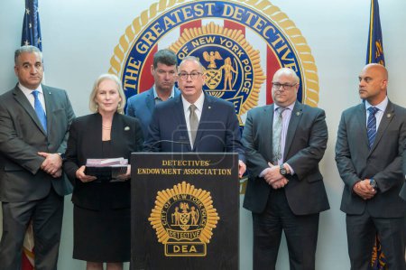 Photo for Senator Gillibrand announces Child Care for Police Officers Act. April 01, 2024, New York, New York, USA: Paul DiGiacomo, President, NYPD Detectives' Endowment Association speaks during U.S. Senator Kirsten Gillibrand press conference - Royalty Free Image