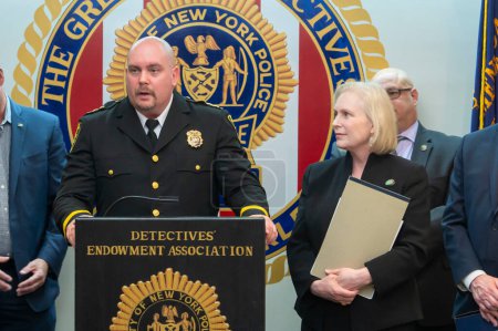 Photo for Senator Gillibrand announces Child Care for Police Officers Act. April 01, 2024, New York, New York, USA: Johm Becker, Deputy Undersheriff, Suffolk County speaks during U.S. Senator Kirsten Gillibrand press conference - Royalty Free Image