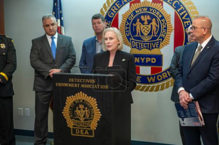 Photo for Senator Gillibrand announces Child Care for Police Officers Act. April 01, 2024, New York, New York, USA: U.S. Senator Kirsten Gillibrand held a press conference at the Detectives' Endowment Association in lower Manhattan - Royalty Free Image