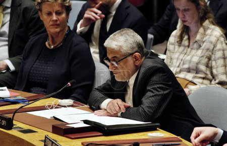 Photo for Security Council Meeting:The situation in the Middle East. April 14, 2024, United Nations, New York, USA: Saeed Iravani, Permanent Mission of the Islamic Republic of Iran to the United Nations speaks during an emergency Security Council Meeting - Royalty Free Image