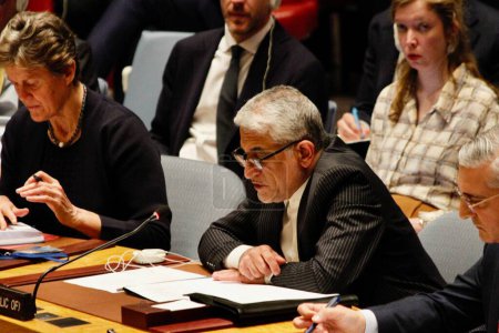 Photo for Security Council Meeting:The situation in the Middle East. April 14, 2024, United Nations, New York, USA: Saeed Iravani, Permanent Mission of the Islamic Republic of Iran to the United Nations speaks during an emergency Security Council Meeting - Royalty Free Image