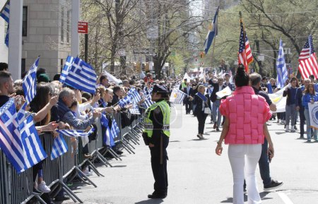 Photo for 2024 85th Greek Independence Day Parade. April 14, 2024, New York, USA: The 2024, 85th Greek Independence Day Parade taking place at 1.30pm,  from the 64th to 79th on 5th Avenue in New York with the presence of New York City Mayor, Eric Adams an - Royalty Free Image