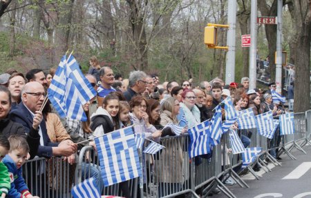 Photo for 2024 85th Greek Independence Day Parade. April 14, 2024, New York, USA: The 2024, 85th Greek Independence Day Parade taking place at 1.30pm,  from the 64th to 79th on 5th Avenue in New York with the presence of New York City Mayor, Eric Adams an - Royalty Free Image