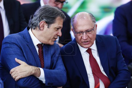 Photo for Brasilia (DF), 04/22/2024 - Minister of Finance Fernando Haddad and Vice-President of Brazil and Minister of Development, Industry, Commerce and Services Geraldo Alckmin together with the President of the Republic of Brazil - Royalty Free Image