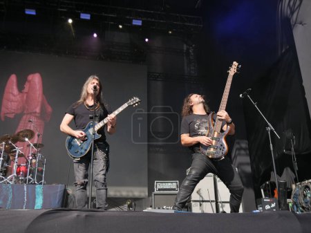 Photo for SAO PAULO, Brazil 04/27/2024 Performance by the band Gamma Ray during the second day of the Summer Breeze festival at Memorial da America Latina, west side of Sao Paulo, this Saturday, April 27, 2024. - Royalty Free Image