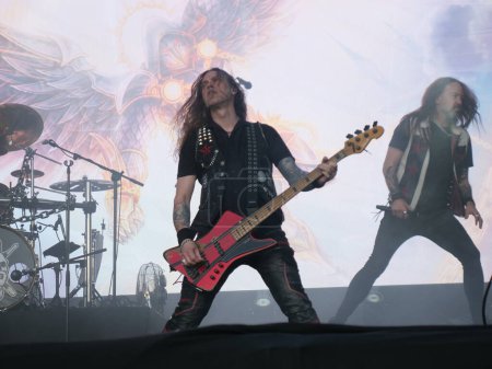 Photo for SAO PAULO, Brazil 04/27/2024 - Hammerfall performs during the second day of the Summer Breeze Festival at the Memorial da America Latina, west side of Sao Paulo, this Saturday 27th of April 2024. - Royalty Free Image