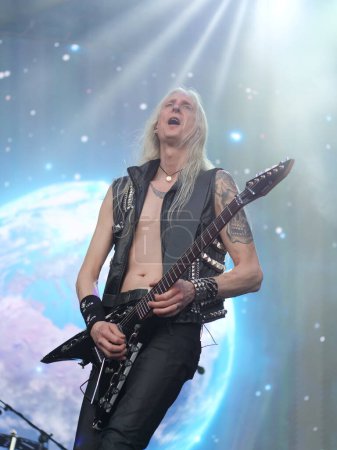 Photo for SAO PAULO, Brazil 04/27/2024 - Hammerfall performs during the second day of the Summer Breeze Festival at the Memorial da America Latina, west side of Sao Paulo, this Saturday 27th of April 2024. - Royalty Free Image