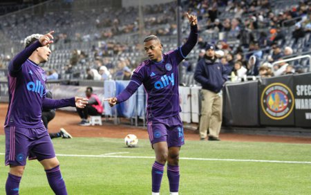 Photo for MLS: NYCFC vs Charlotte FC. April 27, 2024, New York, USA: Kerwin Vargas (18) of Charlotte scored the first goal and celebrates with teammates during soccer match between NYCFC and Charlotte FC valid for the 10th game of the Major League - Royalty Free Image