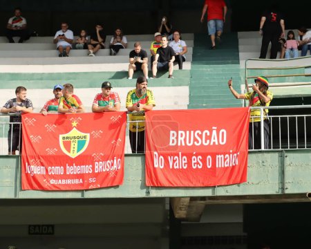 Foto de CURITIBA (PR) 28 / 04 / 2024 Aficionados de Brusque, durante un partido entre Coritiba y Brusque, válido para el Campeonato Brasileño 2024, celebrado en la ciudad de Curitiba, este domingo, 28. - Imagen libre de derechos