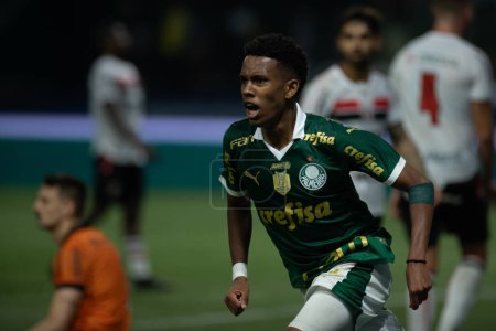 Photo for Sao Paulo (SP), Brazil 05/02/2024 - Estevao celebrates his goal in a match between Palmeiras and Botafogo-SP, valid for the first leg of the third phase of the Brazilian Football Cup 2024 , held at Allianz Parque - Royalty Free Image