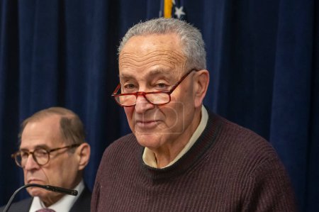 Photo for Senator Schumer announces  million available to boost security and safety at synagogues, mosques and churches. May 05, 2024, New York, New York, USA: Senate Majority Leader, U.S. Senator Chuck Schumer (D-NY) - Royalty Free Image
