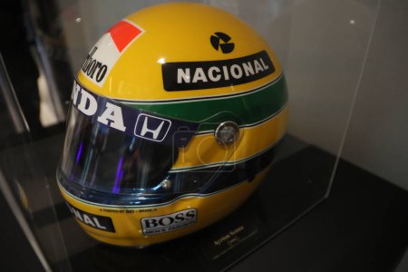 Photo for Sao Paulo (SP), 05/08/2024  EVENT/SPORTS/SUMMIT/SP  F-1 driver Ayrton Senna's helmet is displayed during the 2nd edition of the Sports Summit Sao Paulo 2024, a meeting point for the sports industry. - Royalty Free Image