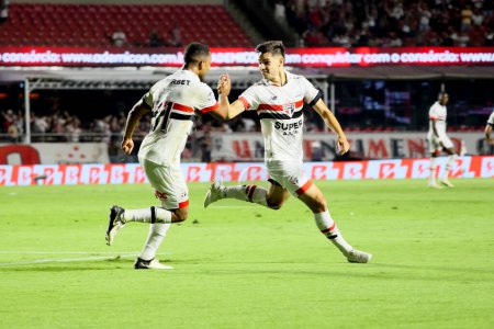 Photo for Sao Paulo (SP), 05/13/2024 - Sao Paulo player Damian Bobadilla scores and celebrates his goal in a match against Fluminense, valid for the sixth round of the Brasileirao, at Morumbis. - Royalty Free Image