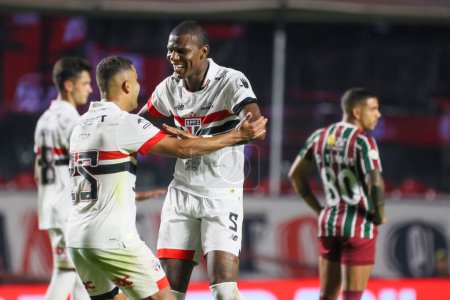 Photo for Sao Paulo (SP), 05/13/2024 - Sao Paulo FC player Arboleda scores and celebrates his goal against Fluminense, valid for the sixth round of the Brasileirao, at Morumbis. - Royalty Free Image