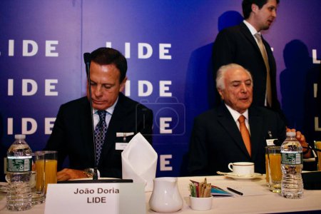 Foto de Nueva York (EE.UU.), 14 / 05 / 2024 LIDE / FORUM / NUEVA YORK / USA Joao Doria (izq.), ex gobernador del estado de Sao Paulo, y Michel Temer, ex presidente de la República de Brasil, durante el Lide Brazil Investment Forum - Imagen libre de derechos