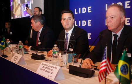 Foto de Nueva York (EE.UU.), 14 / 05 / 2024: Ratinho Junior, gobernador del estado de Paraná, durante el Foro de Inversiones Lide Brasil, organizado por Lide Group of Business Leaders. - Imagen libre de derechos