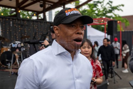 Photo for May 18, 2024, New York, USA: New York City Mayor Eric Adams talks to New Yorkers at the Indonesian Culinary Enthusiasts, Inc.'s "First Night Festival" at Culture Lab, Long Island City. - Royalty Free Image