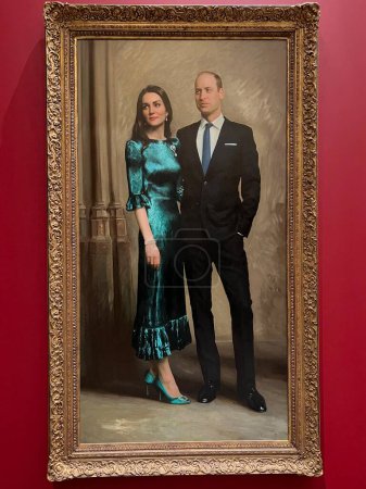 Photo for Cambridge, Cambridgeshire United Kingdom - December 22nd 2022: Duke and Duchess of Cornwall William and Katherine Oil Painting by Jamie Coreth display at Fitzwilliam Museum on loan Royal Portrait Fund - Royalty Free Image