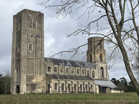 Téléchargez les photos : Paysage printanier de l'abbaye de Wymondham à Norfolk, East Anglia UK, le magnifique bâtiment historique en pierre deux tours situées dans une cour funéraire rurale verte, ciel gris avec vue de la rivière dans l'arbre de la ville au premier plan - en image libre de droit