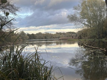 Téléchargez les photos : Belle vue sur le paysage coucher de soleil sur la rivière au coucher du soleil calme soirée d'automne Norfolk Broads à East Anglia uk avec de superbes arbres de soleil ciel coloré buissons couleur du ciel et des plantes réfléchies de l'eau - en image libre de droit
